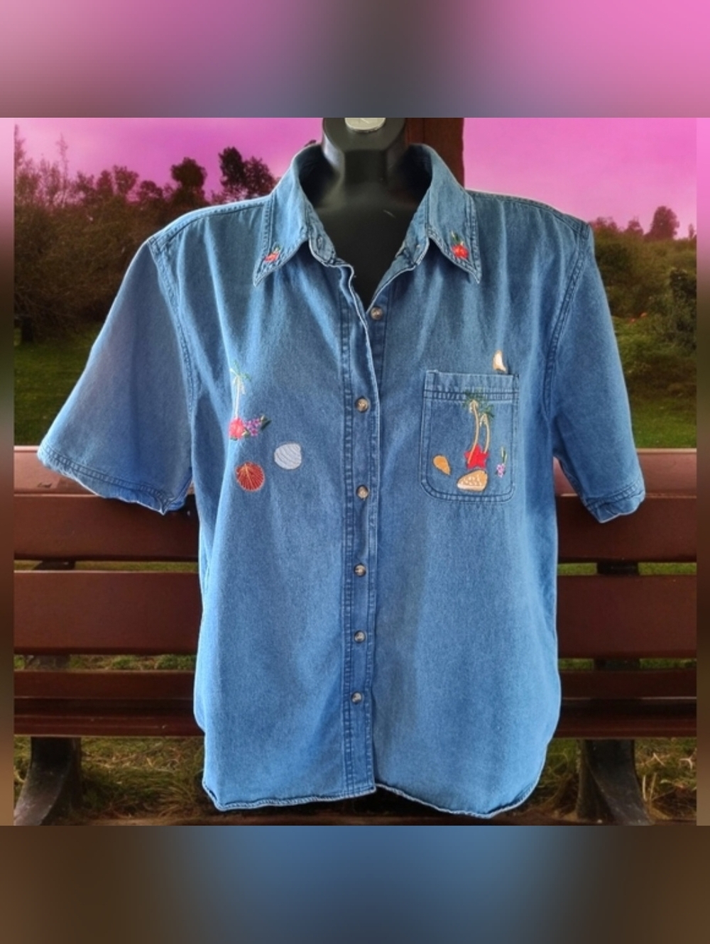 Vtg Cabin Creek Embroidered Sea Shells & Floral Denim Button Down Shirt Sz XL